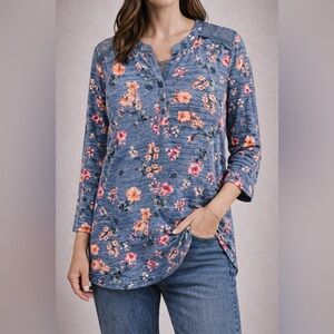 Women’s “Angels Forever Young” Blue Floral Convertible Long Sleeve Blouse